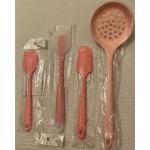 Set Of Four Pink Silicone Scrapers, Spatula, And Colander